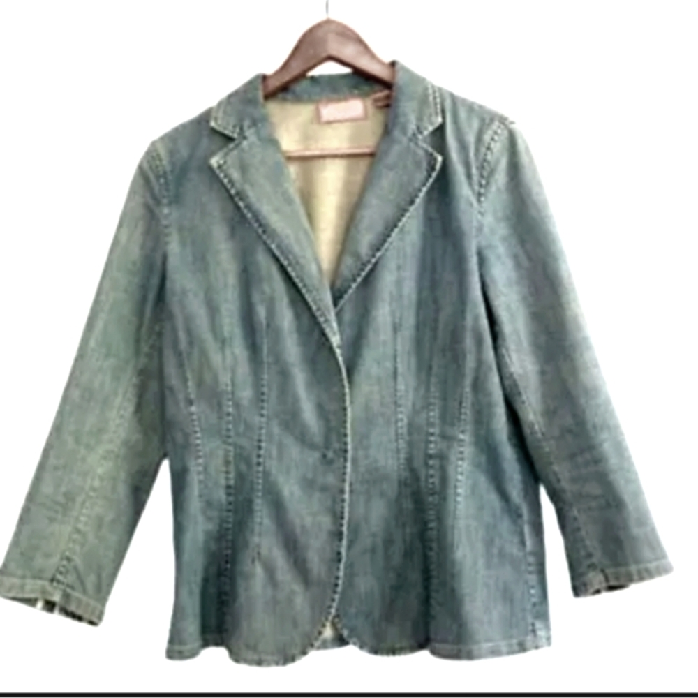 (M)Vtg🌺Dana Buchman🌺Fitted Denim Blazer Jacket Ptp 18"×L25"